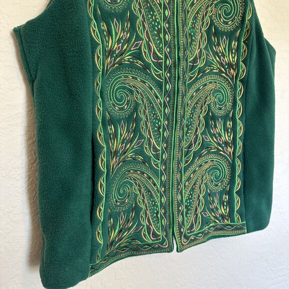 Bob Mackie Vest Women's size Medium  Vintage Green Fleece Embroidered Zip Collar - Picture 8 of 11